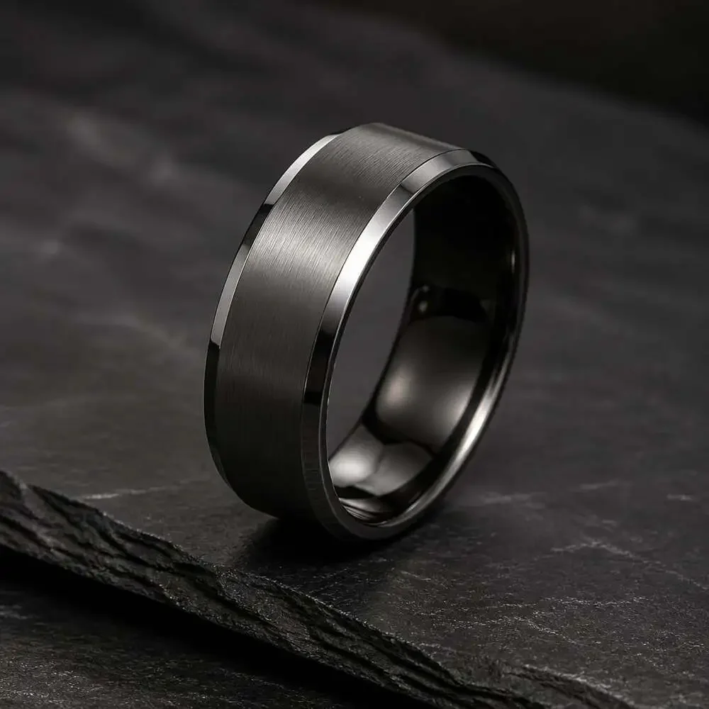 Mens Brushed Gunmetal Tungsten Wedding Band with Beveled Polished Edges Size 9